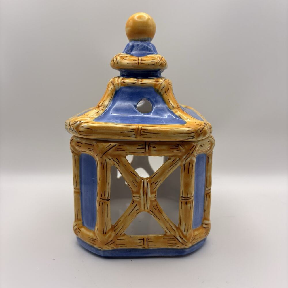 The Essex Collection Bamboo Pagoda Candle Tea Light 2pc Yellow Blue Portugal